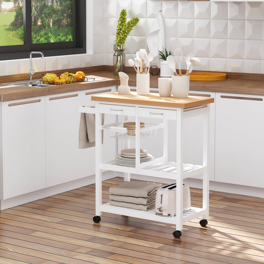 Wooden Rolling Kitchen Trolley Wood Top Island Storage Serving Cart Included Wine Rack with Drawers White - Gallery Canada