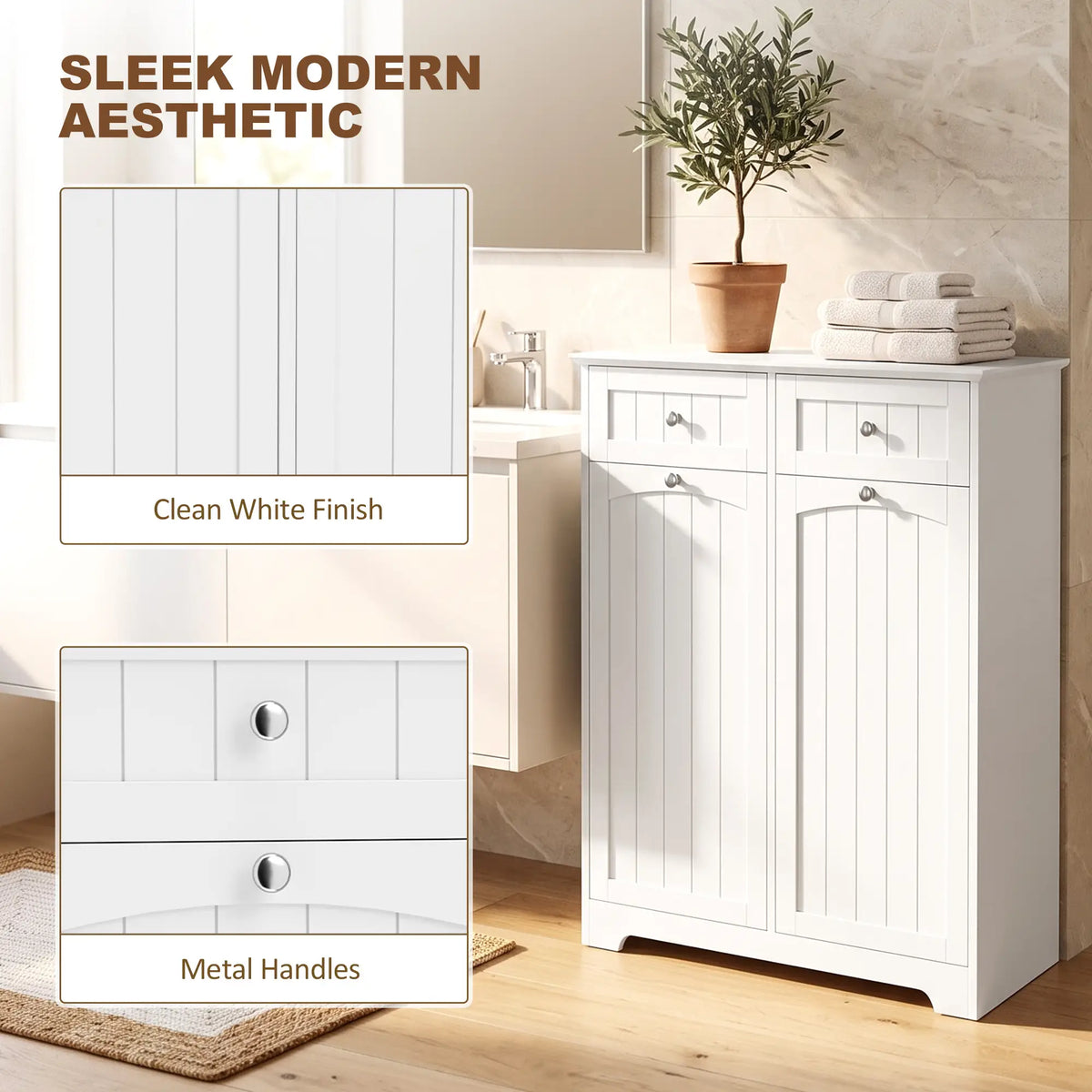 Laundry Cabinet, 2 Removable Bags, Tilt-Out Hamper, 2 Drawers, White
