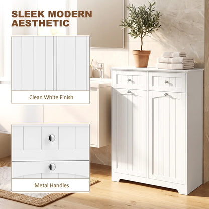 Laundry Cabinet, 2 Removable Bags, Tilt-Out Hamper, 2 Drawers, White