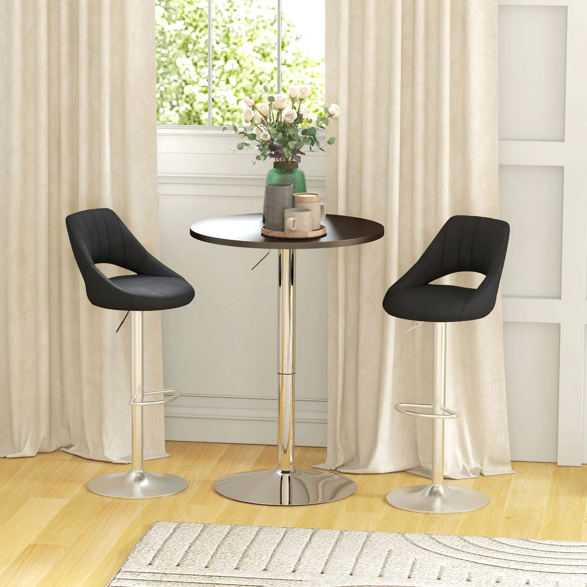 Adjustable Round High Top Bar Table, Swivel Top, Steel Base, Walnut Bar Tables & Dining Tables at Gallery Canada