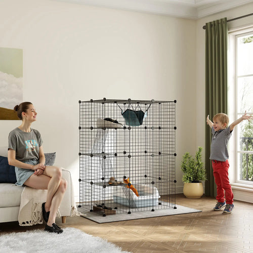 4-Tier Large Cat Cage with Hammock, Platforms, Ramps, Black
