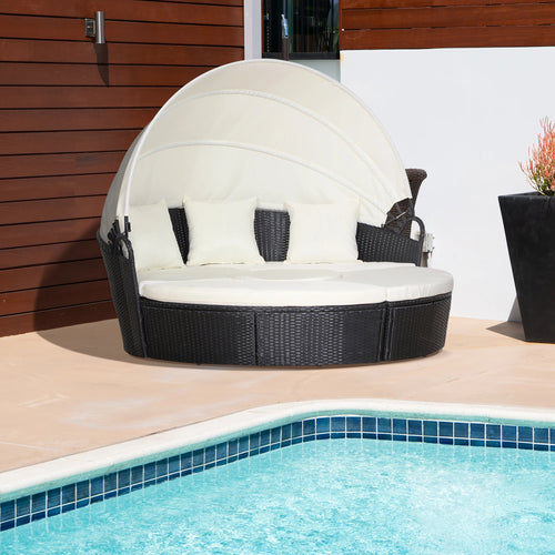 Outdoor Daybed with Canopy, PE Rattan Wicker Round Sofa, Patio Set with Cushions, Cream White