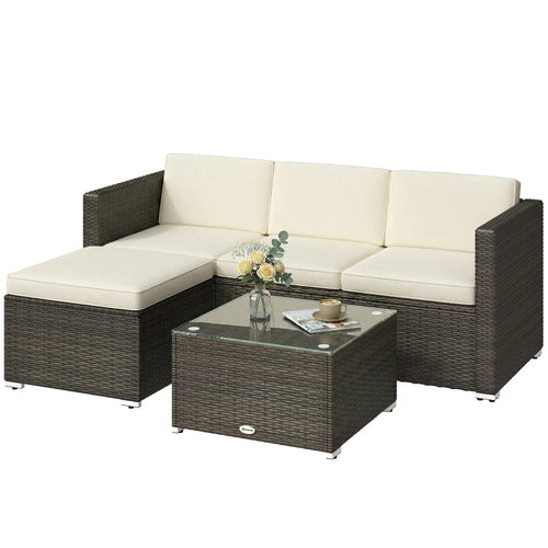 3-Piece Patio Set with Cushions, PE Rattan Sofa, Glass Table, Cream White