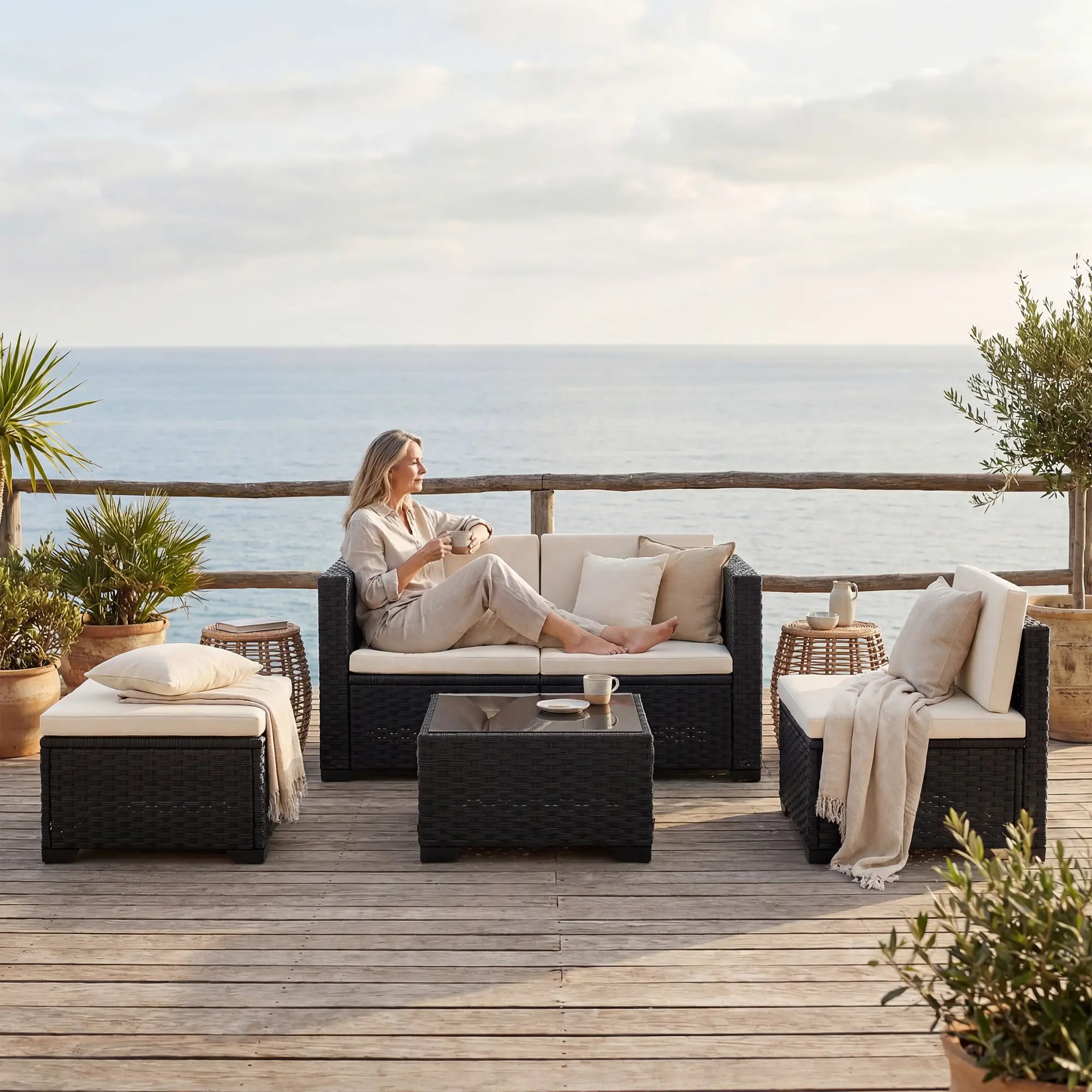 5 Piece L-Shape Patio Set, Wicker Sectional, Cream Patio Furniture Sets at Gallery Canada