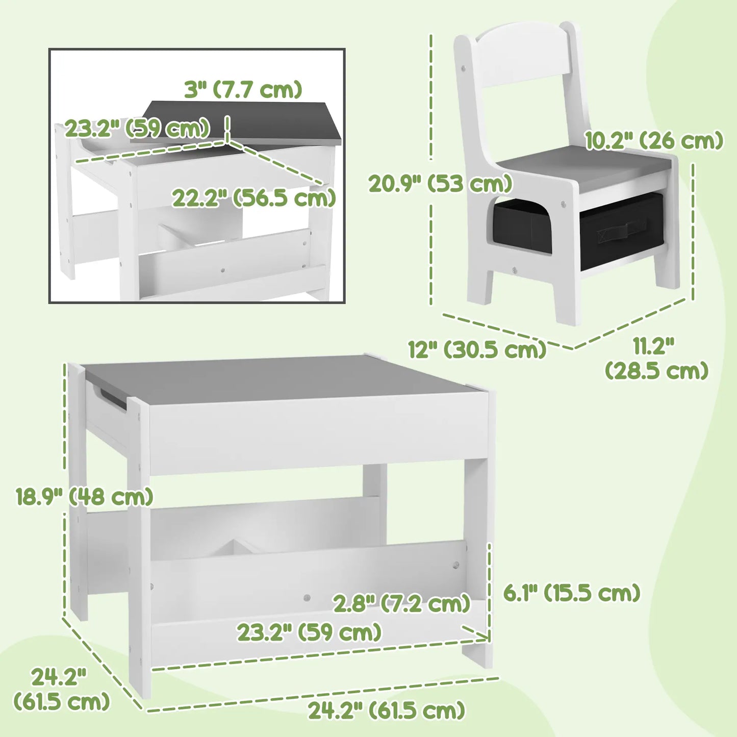 3 Piece Kids Table and Chair Set, Reversible Tabletop, Blackboard, Storage, Grey Kids Table Sets at Gallery Canada