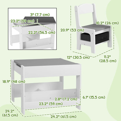3 Piece Kids Table and Chair Set, Reversible Tabletop, Blackboard, Storage, Grey Kids Table Sets at Gallery Canada