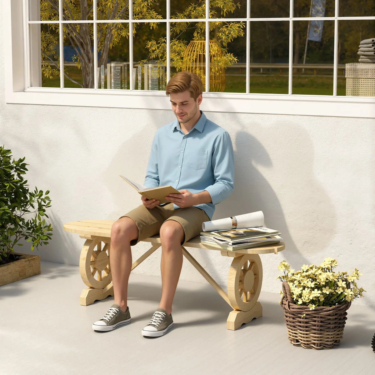 2-Person Wood Garden Bench, Wagon Wheel Legs, Slatted Seat, Natural Wood Outdoor Benches at Gallery Canada