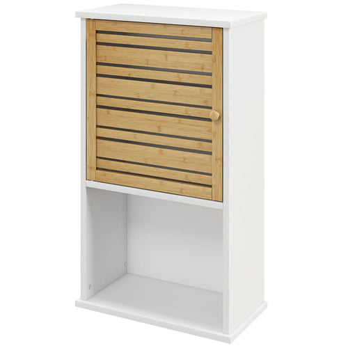 Wall Mounted Bathroom Cabinet, Bamboo Slat Door, Adjustable Shelf, White