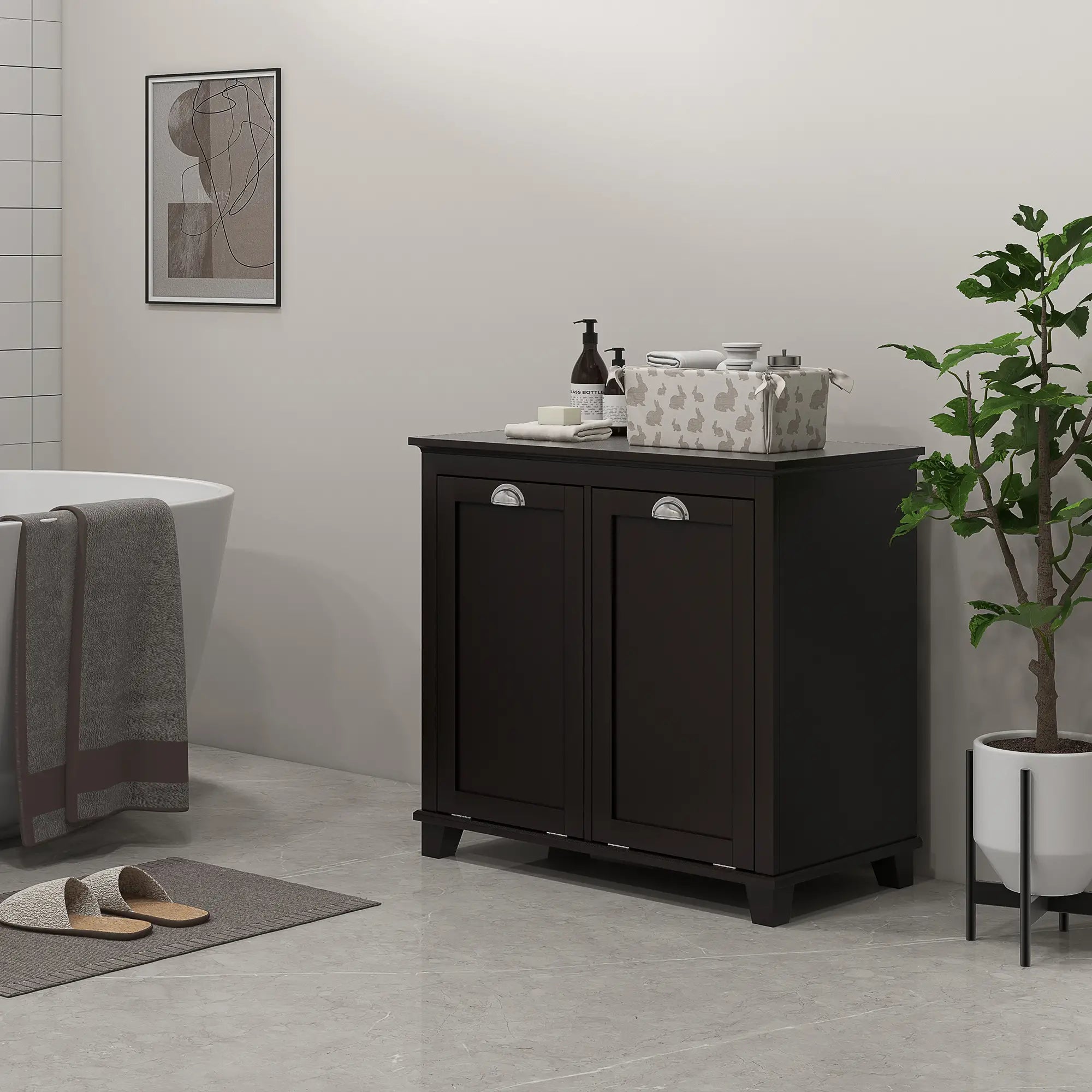 Tilt-Out Laundry Cabinet, Bathroom Organizer with Two-Compartment Hamper, Black Bathroom Cabinets at Gallery Canada