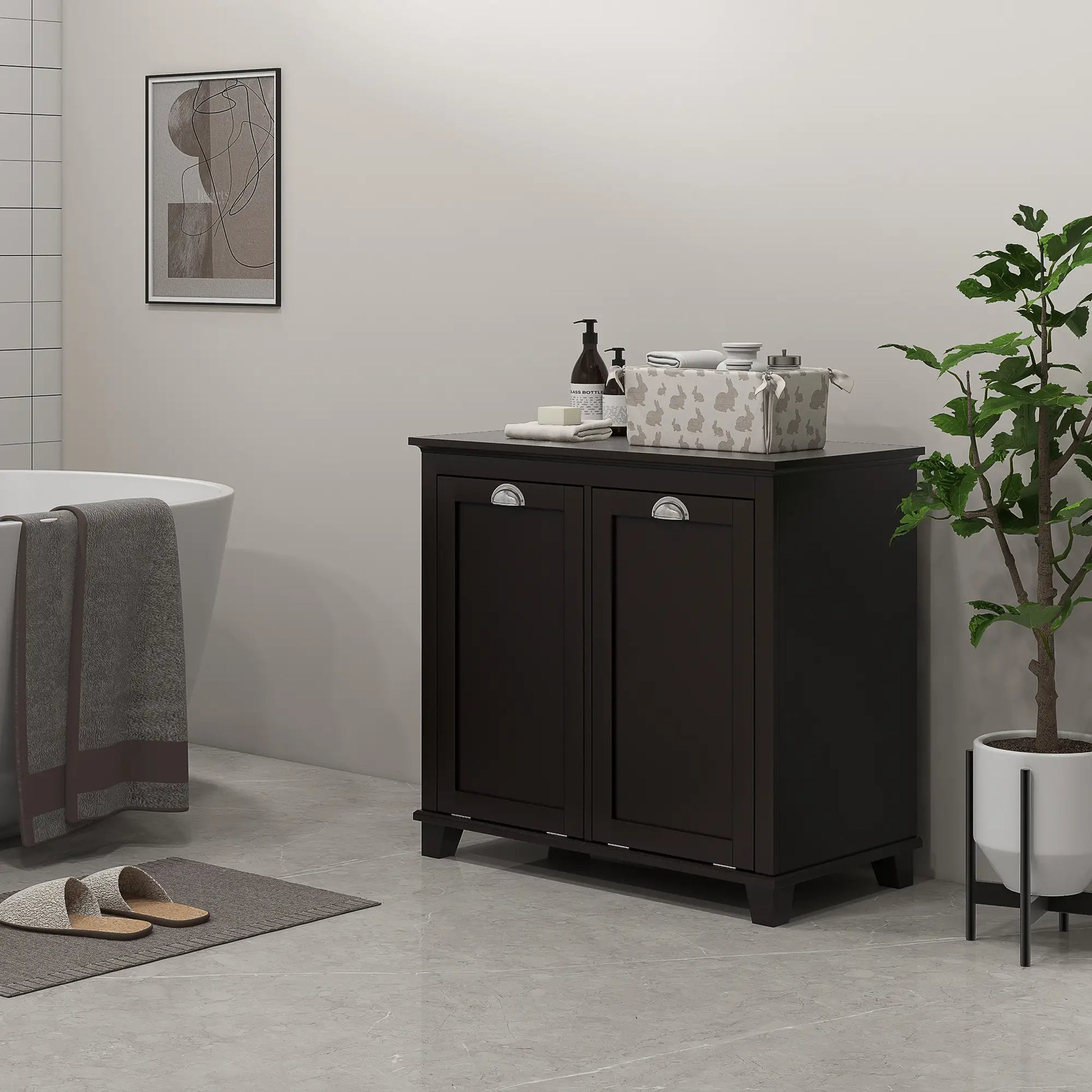 Tilt-Out Laundry Cabinet, Bathroom Organizer with Two-Compartment Hamper, Black Bathroom Cabinets at Gallery Canada