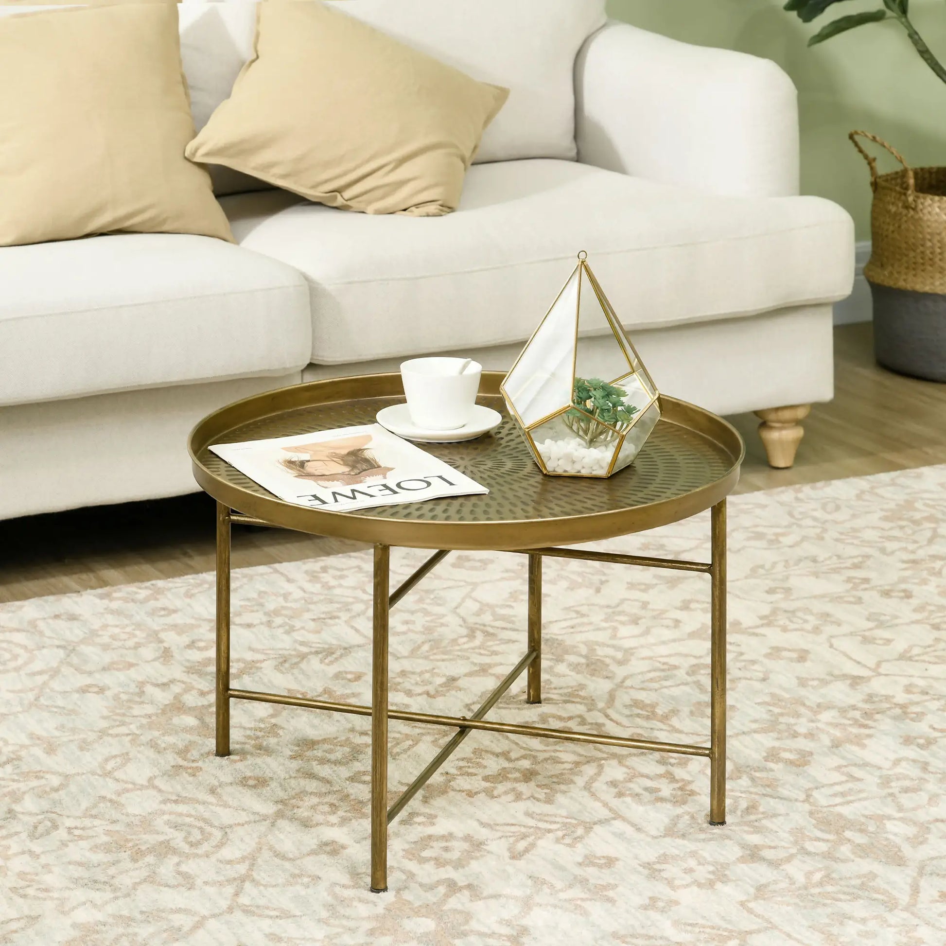 Vintage Coffee Table for Living Room, 24" Round Center Table with Hammered Tray Top and Metal Frame, Gold Coffee Tables at Gallery Canada