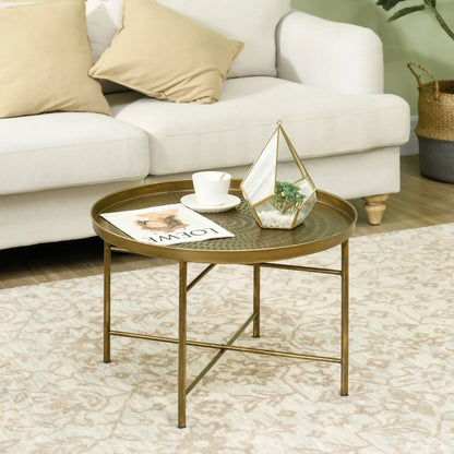 Vintage Coffee Table for Living Room, 24" Round Center Table with Hammered Tray Top and Metal Frame, Gold Coffee Tables at Gallery Canada