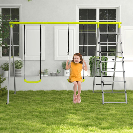 4 in 1 Metal Swing Set with Double Swings, Climber, Climbing Net for Kids, Toddlers, Backyard, Outdoor, Playground - Gallery Canada