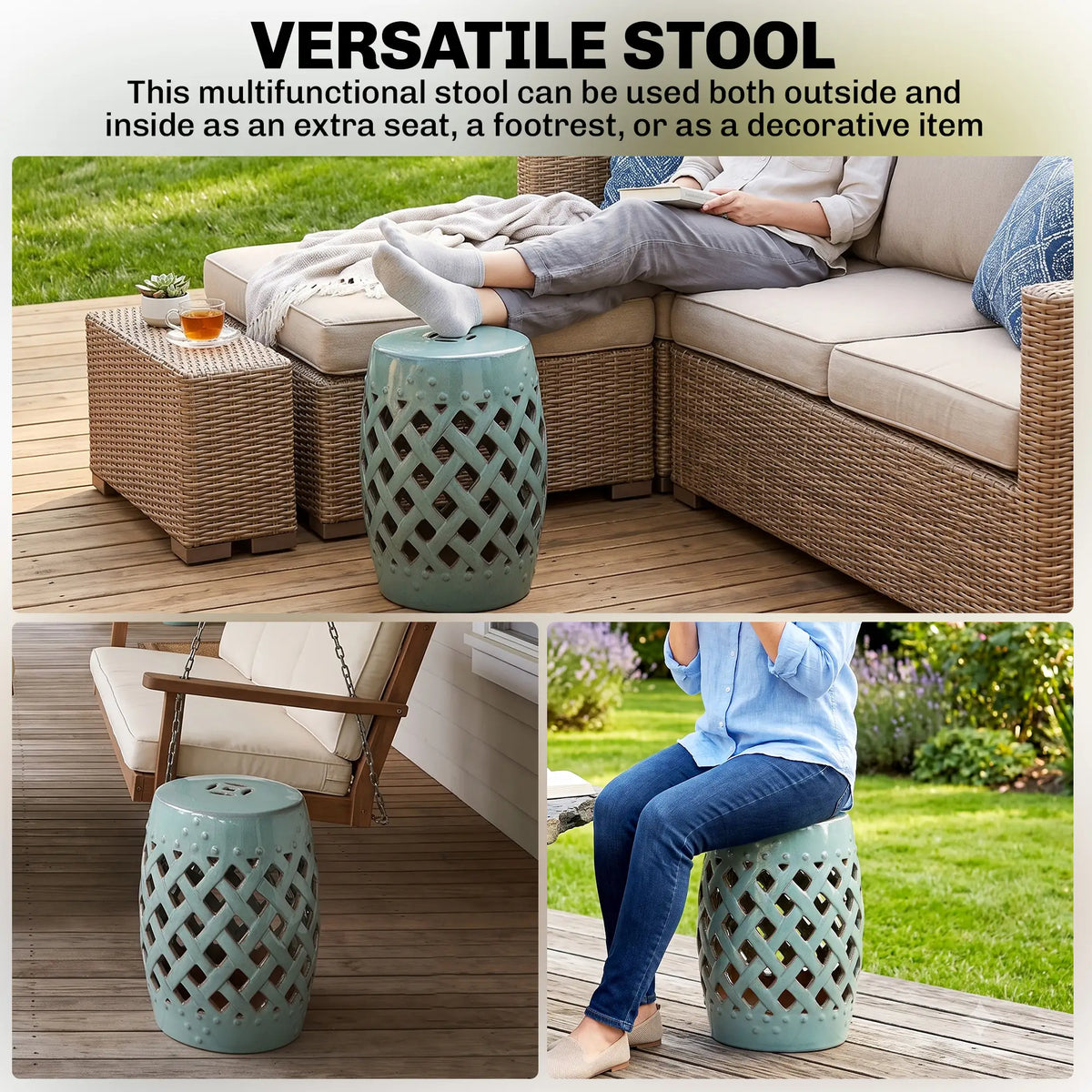 18" Ceramic Garden Stool, Woven Lattice Design, Indoor Outdoor, Blue Patio Chairs at Gallery Canada