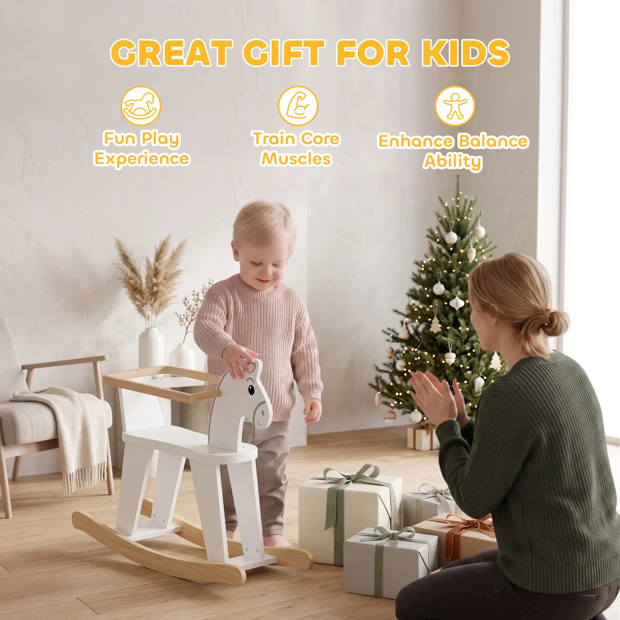 2 in 1 Rocking Horse Ride On, Removable Fence, No-Tip, White Rocking Horses at Gallery Canada
