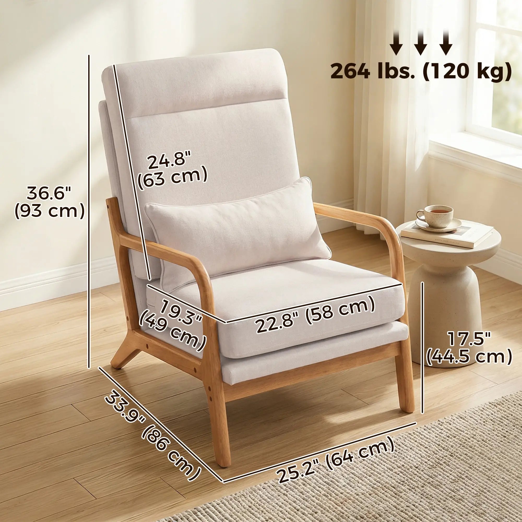Modern Accent Chair, Linen Armchair with Lumbar Pillow, High Back, Wide Seat, Thick Cushion, Solid Wood Frame, Cream White Accent Chairs at Gallery Canada