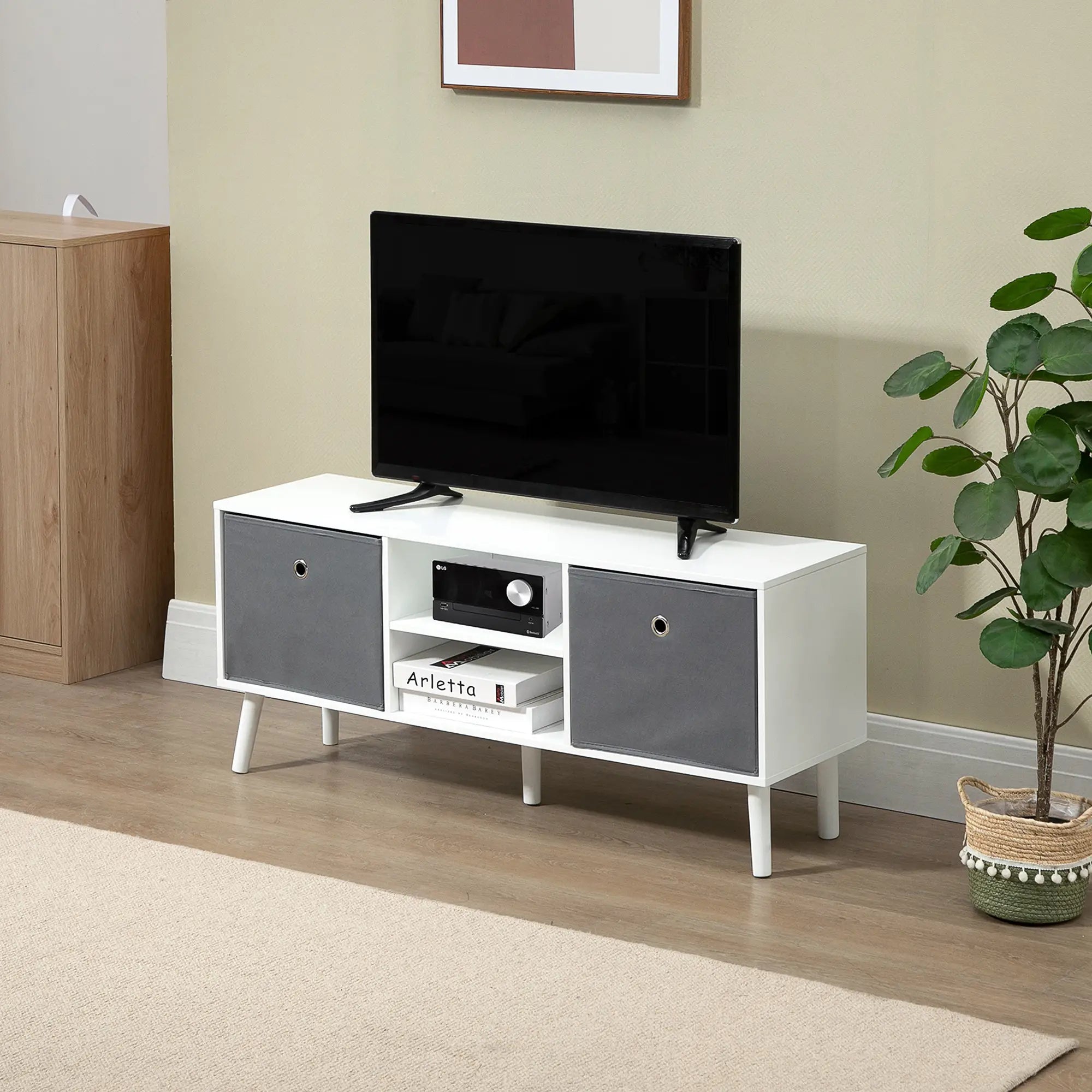 Modern TV Stand with Foldable Drawers, Shelves, White TV Stands at Gallery Canada