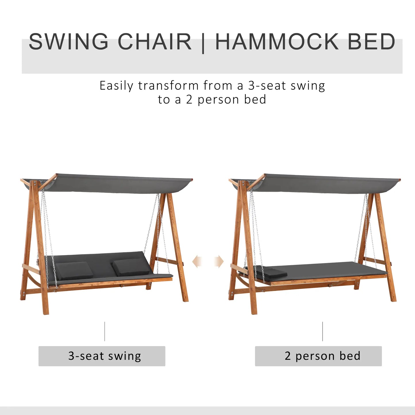 3 Seater Patio Swing Chair, Convertible Cushioned Porch Swing Bed with Canopy, Wood Frame Patio Swings with Stand at Gallery Canada