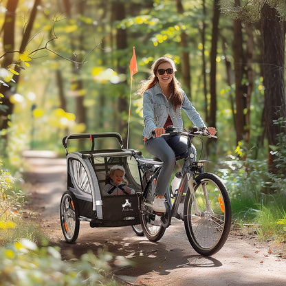 2 Seat Bike Trailer, 2-in-1 Baby Stroller, Handbrake, Rubber Wheels, Grey Kids Bike Trailers at Gallery Canada