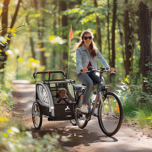 2 Seat Bike Trailer, 2-in-1 Baby Stroller, Handbrake, Rubber Wheels, Grey