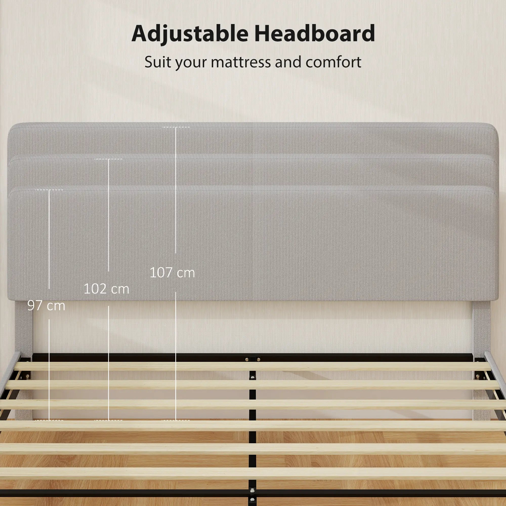 King Size Bed Frame, Adjustable Upholstered Headboard, Wood Slat Support, Light Grey Bed Frames at Gallery Canada