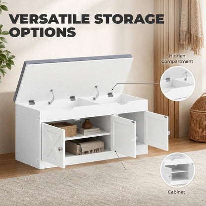 3-Door Shoe Bench with Cushion, Adjustable Shelves, White