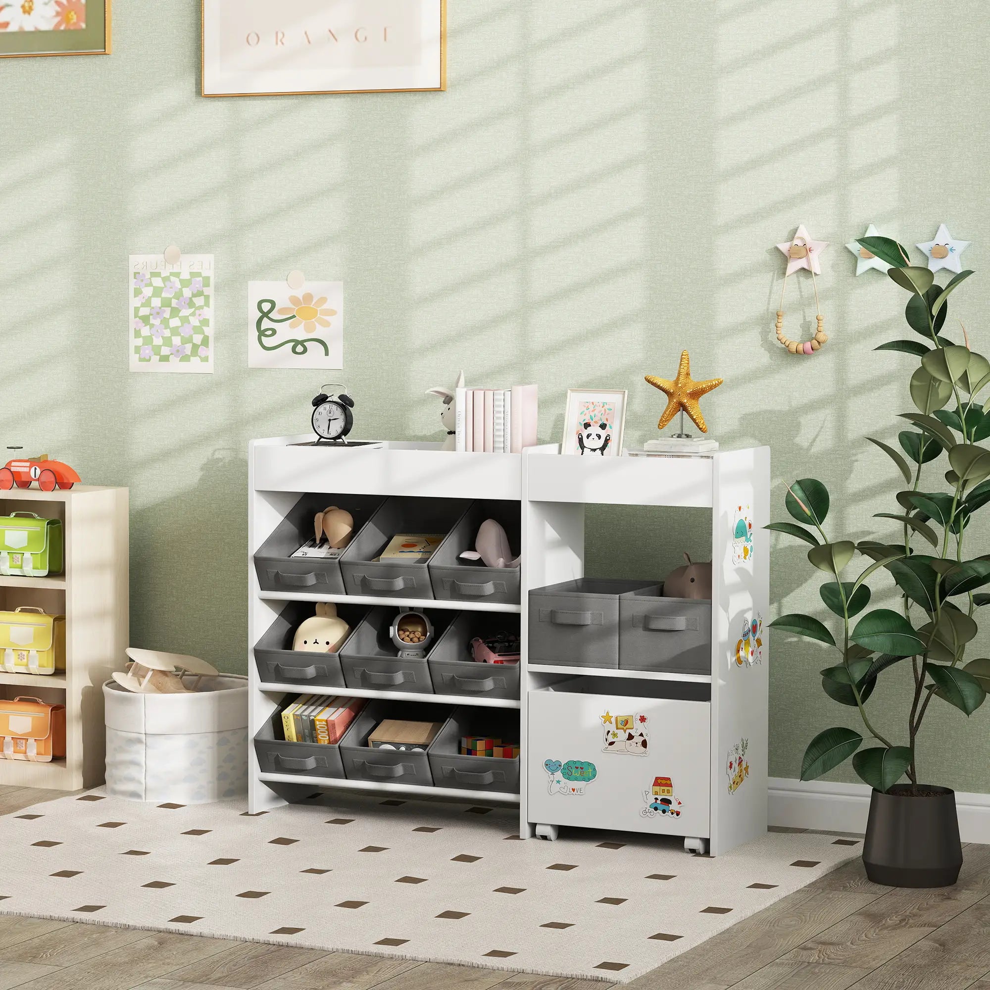 Kids Toy Storage Organizer with 11 Bins, Moveable Cabinet, Top Shelves, 3 Stickers, for Nursery, Playroom, White Bookshelves & Bookcases at Gallery Canada