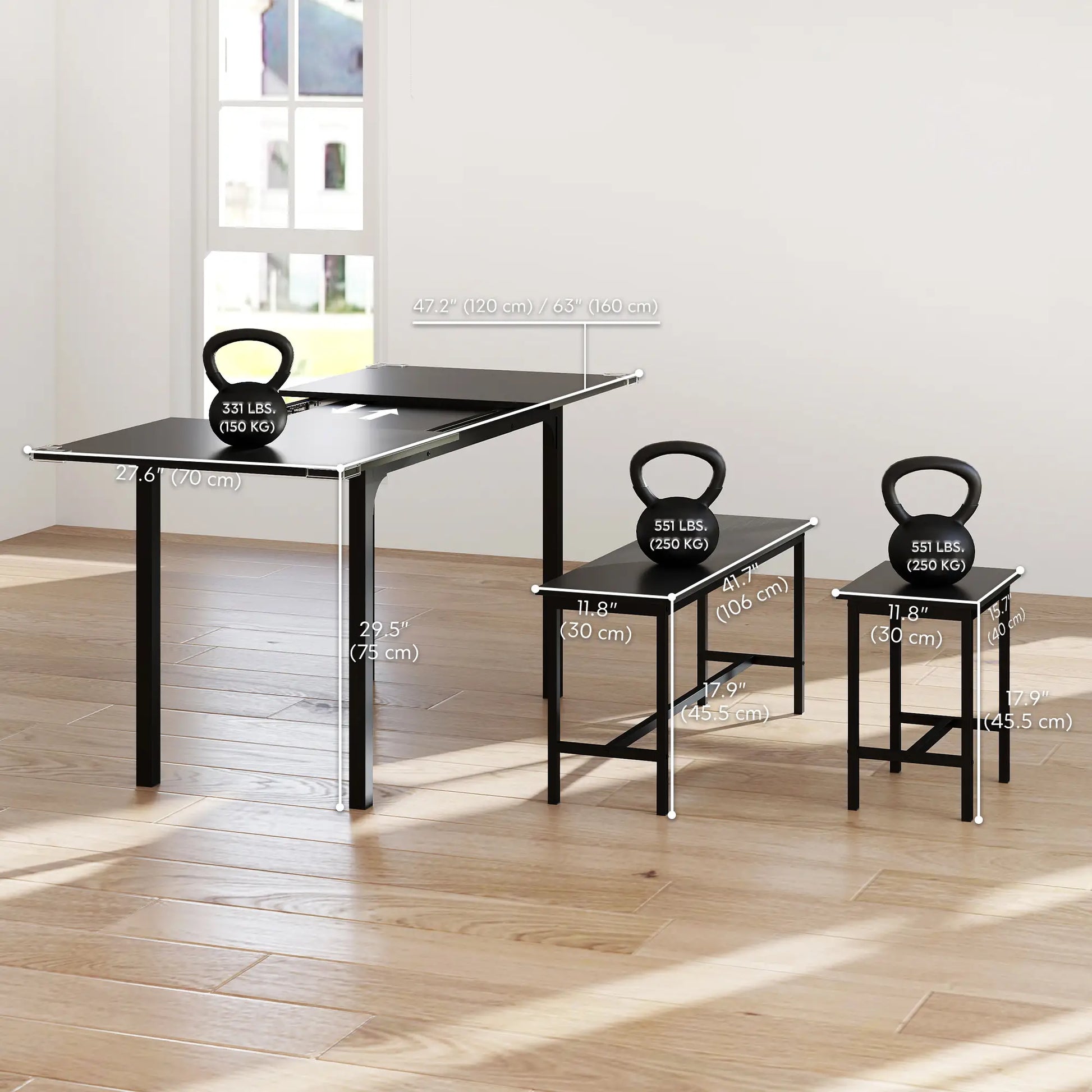 Extendable Dining Table Set, 5-Piece for 4-6 with 2 Benches and 2 Stools, Black Dining Table Sets at Gallery Canada
