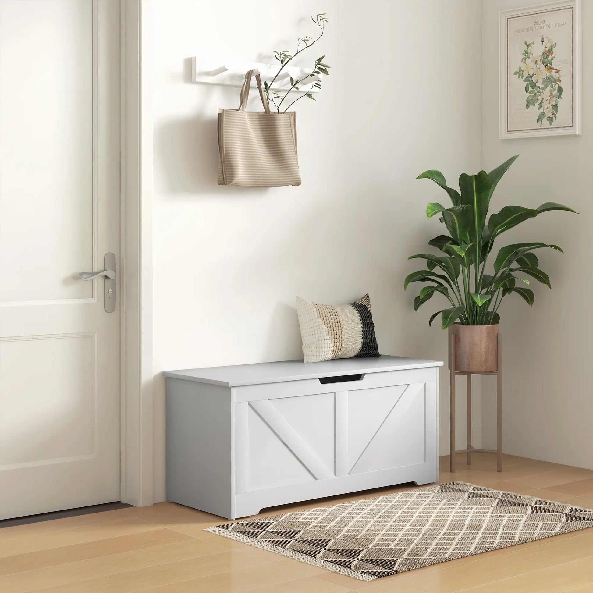 39.4 Inches Wooden Storage Chest, 2 Safety Hinges, White Wood Grain Storage Cabinets at Gallery Canada