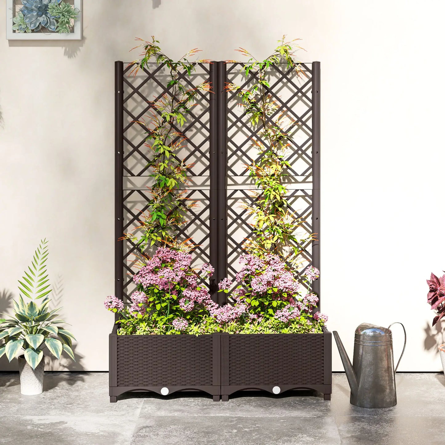 Plastic Raised Garden Bed With Trellis, Drainage Holes And Plugs