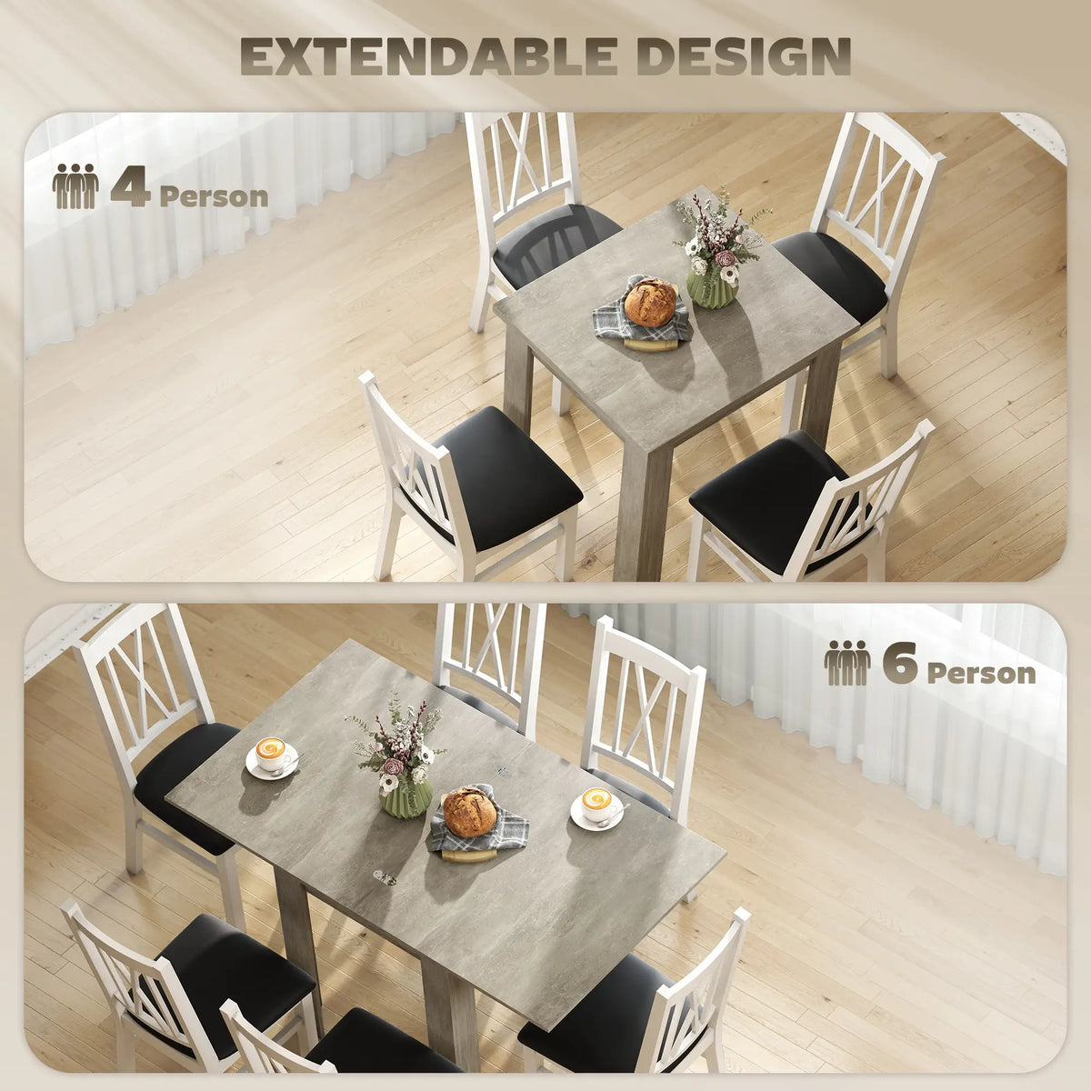 Table à manger extensible de 55 pouces pour 4-6 personnes, table de cuisine, grise
