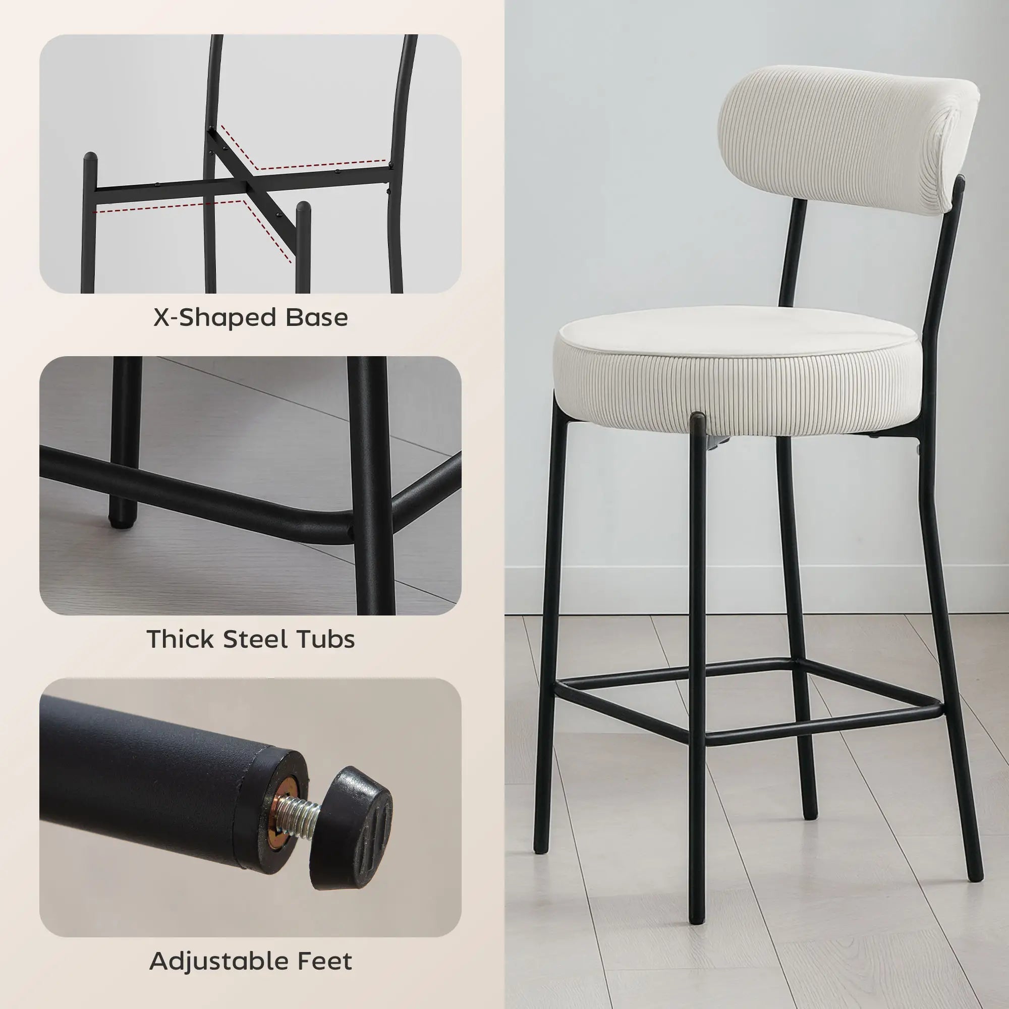 Set of 2 Upholstered Corduroy Barstools with Backrest, Footrest, Cream White Bar Stools at Gallery Canada