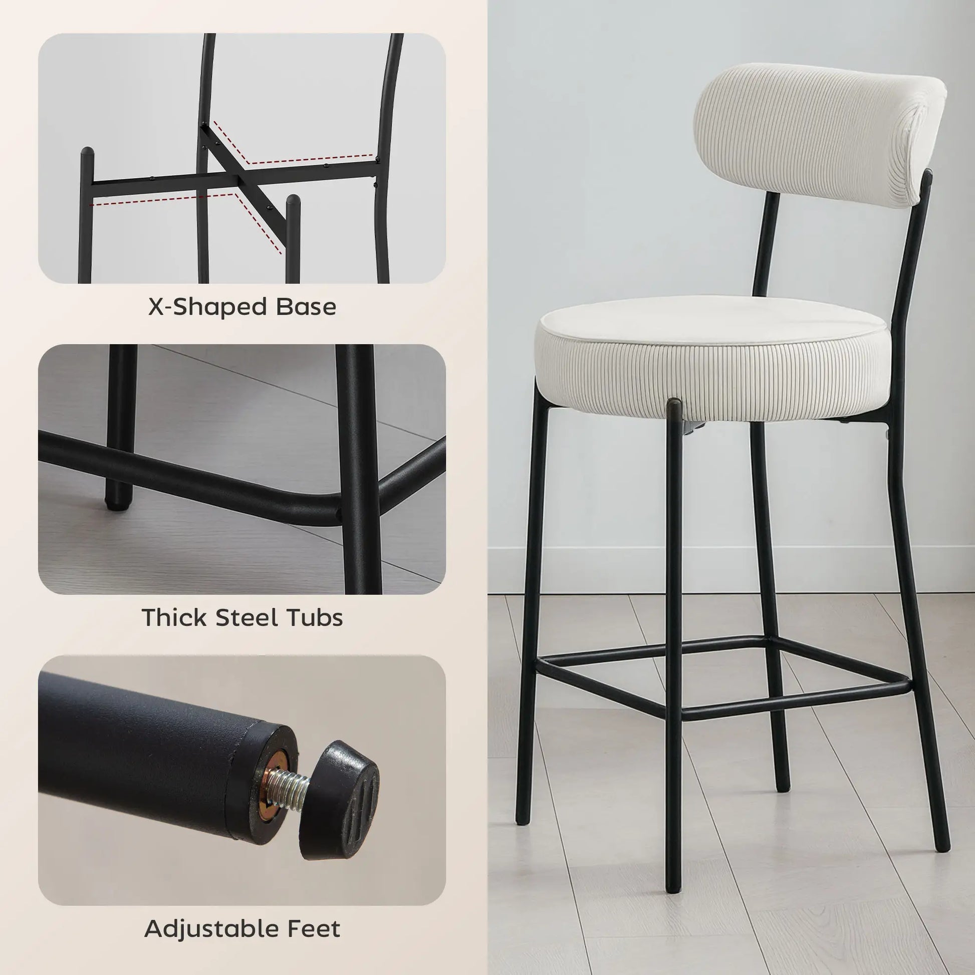 Set of 2 Upholstered Corduroy Barstools with Backrest, Footrest, Cream White Bar Stools at Gallery Canada