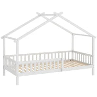Cadre de lit jumeau, lit de maison en bois massif avec toit, garde-corps, sans sommier à ressorts, blanc
