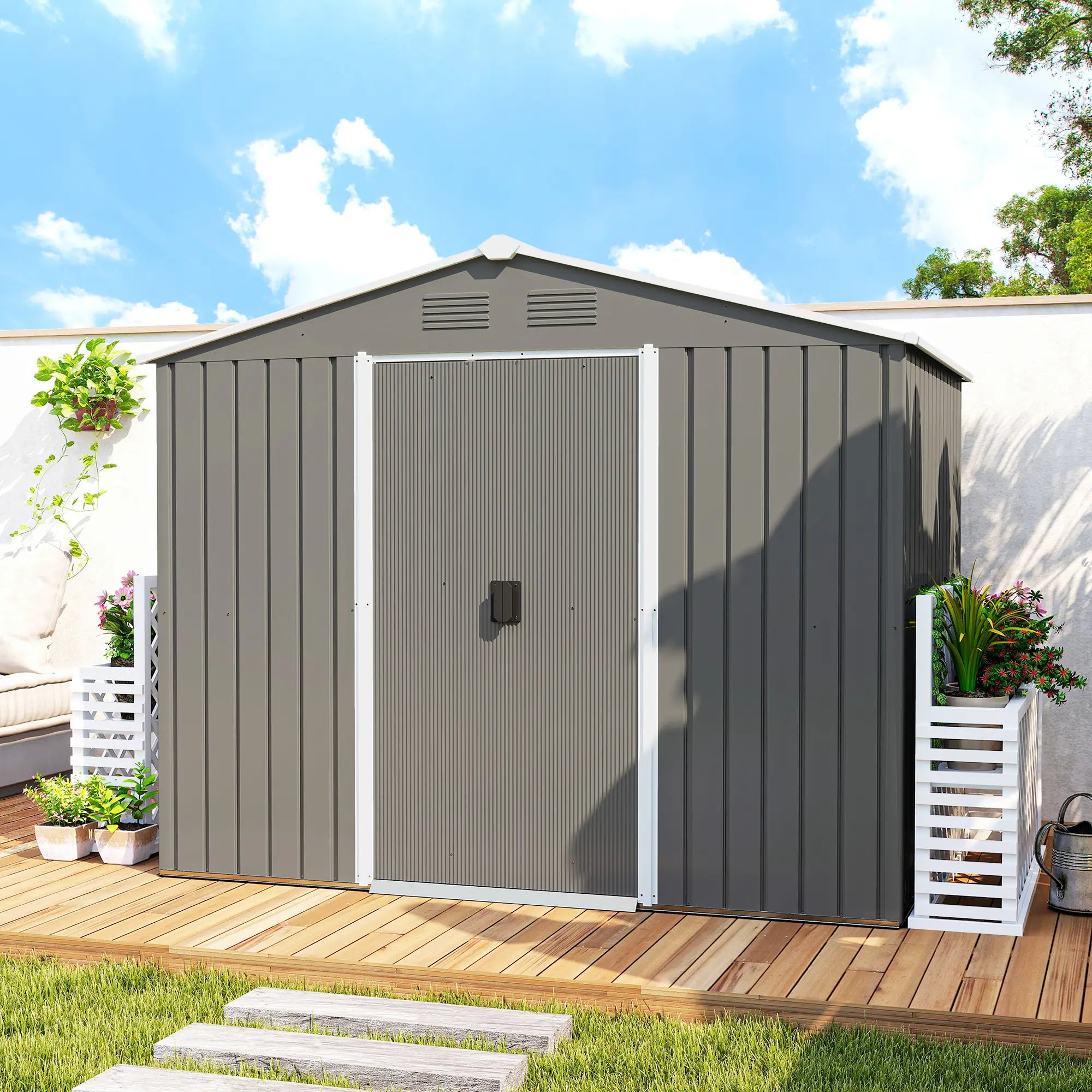8' x 6' Metal Storage Shed, Lockable Doors, Vents, Light Grey Sheds at Gallery Canada