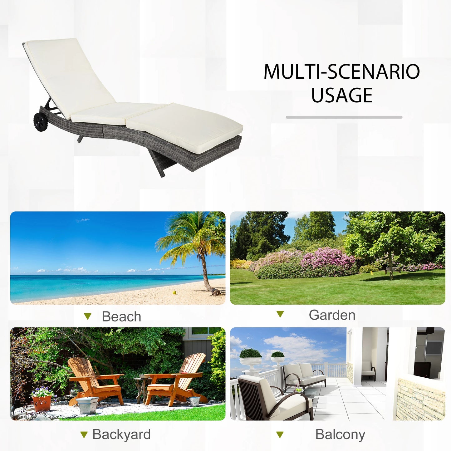 Adjustable Wicker Chaise Lounge with Cushion, Wheels, Cream White Chaise Loungers at Gallery Canada
