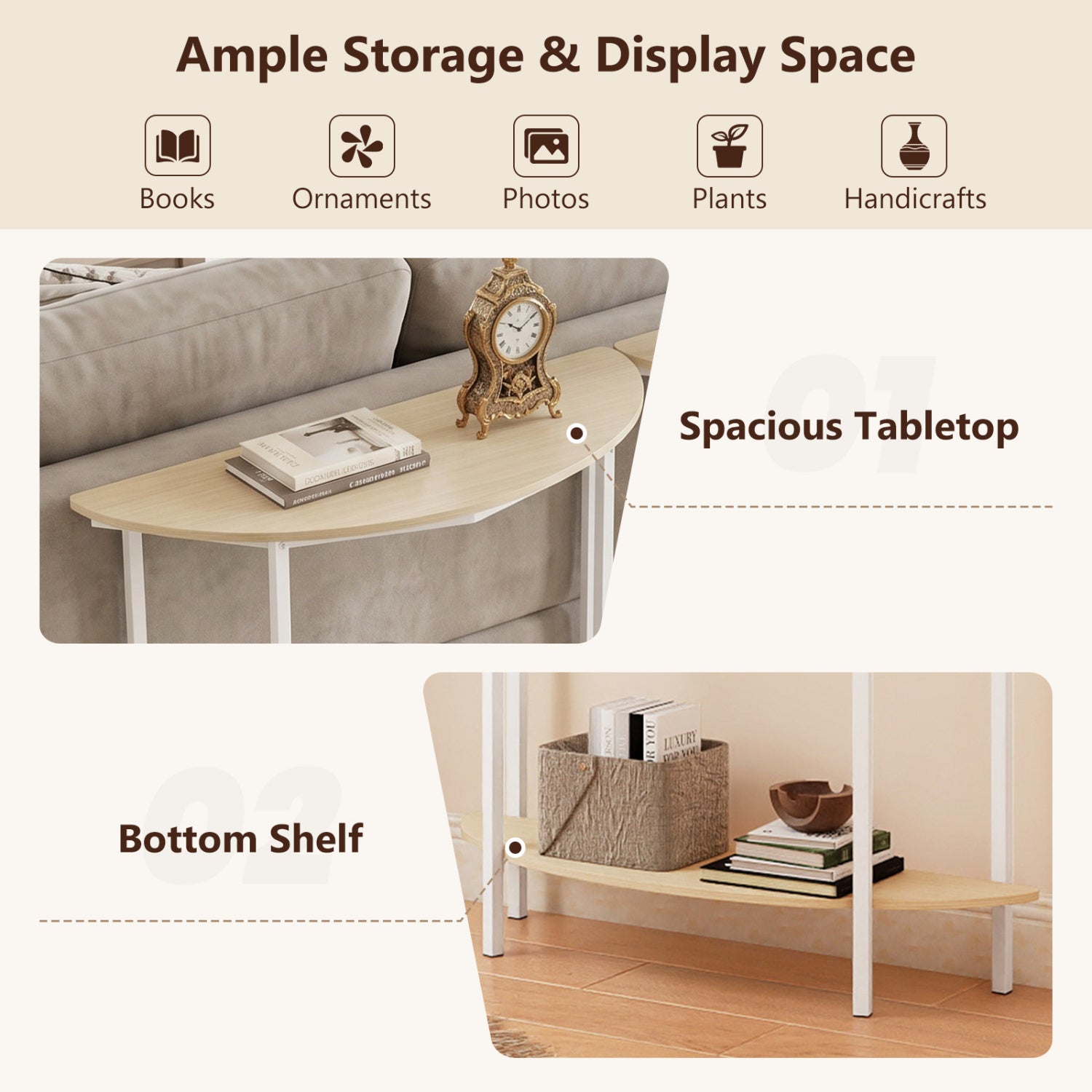 Half Moon Console Table 40 inch, 2-Tier, Oak Console Tables at Gallery Canada