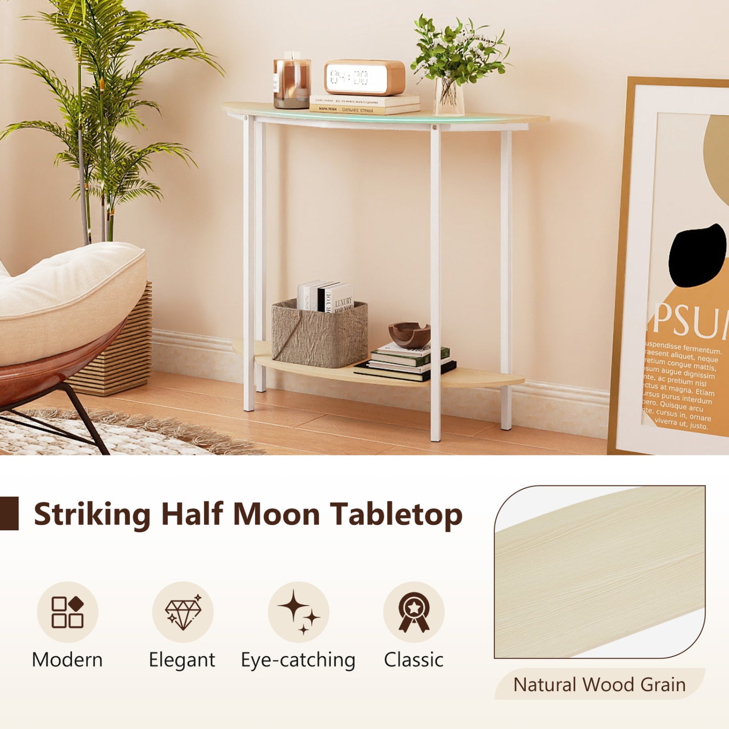 Half Moon Console Table 40 inch, 2-Tier, Oak Console Tables at Gallery Canada