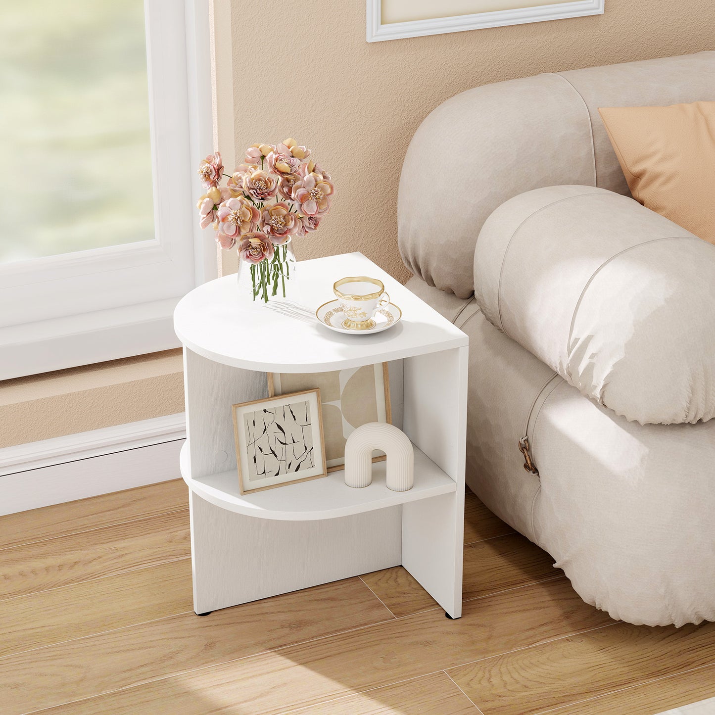 Half Round End Table with Open Shelves for Small Space, White