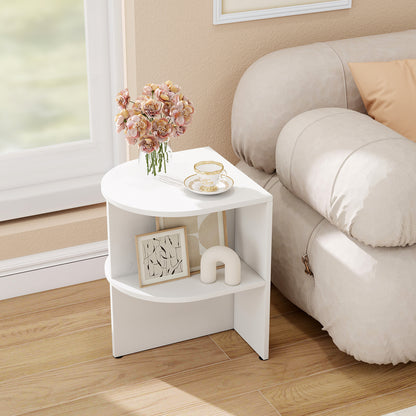 Half Round End Table with Open Shelves for Small Space, White
