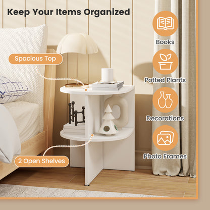 Half Round End Table with Open Shelves for Small Space, White