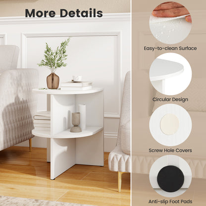 Half Round End Table with Open Shelves for Small Space, White
