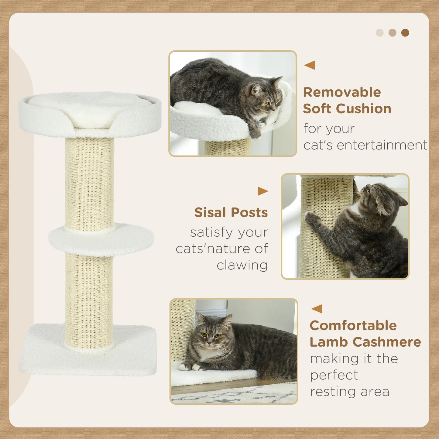 Cat Tree with Scratching Post, Bed, Cushion, Perch, 18" x 18" x 36", Cream White Cat Towers at Gallery Canada