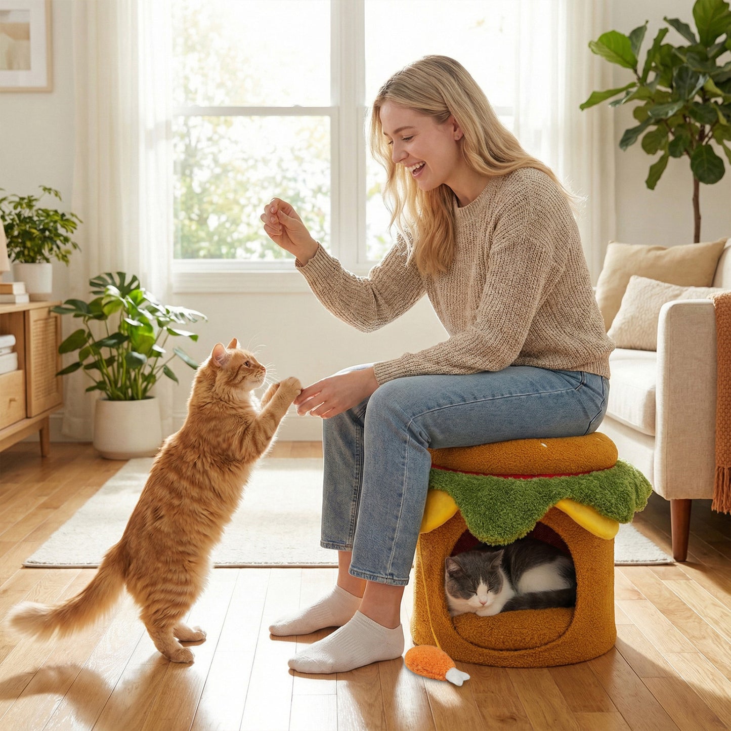 Hamburger Cat Nest With Chicken Drumstick Toy, Removable Cushion, Yellow Cat Houses at Gallery Canada