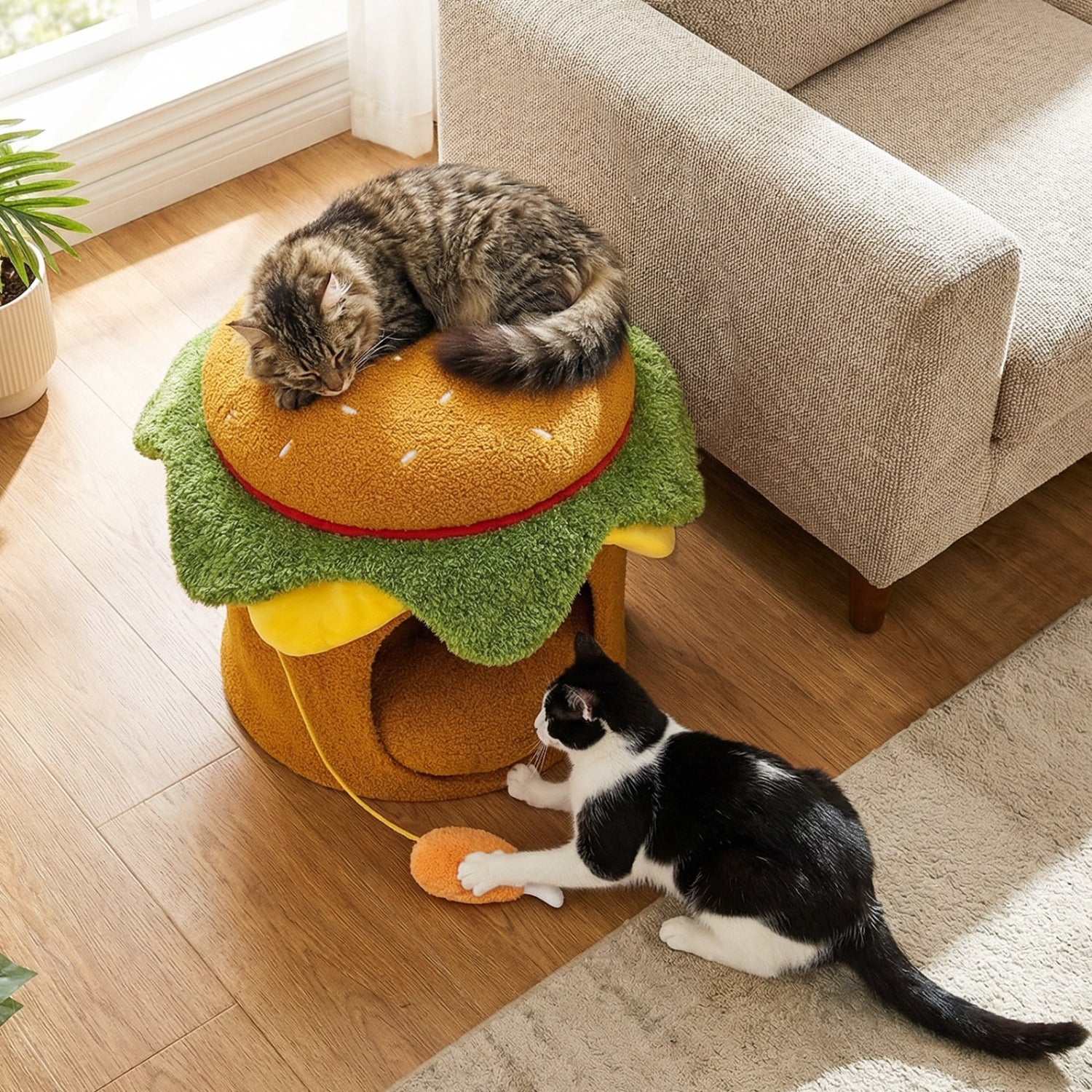 Hamburger Cat Nest With Chicken Drumstick Toy, Removable Cushion, Yellow Cat Houses at Gallery Canada