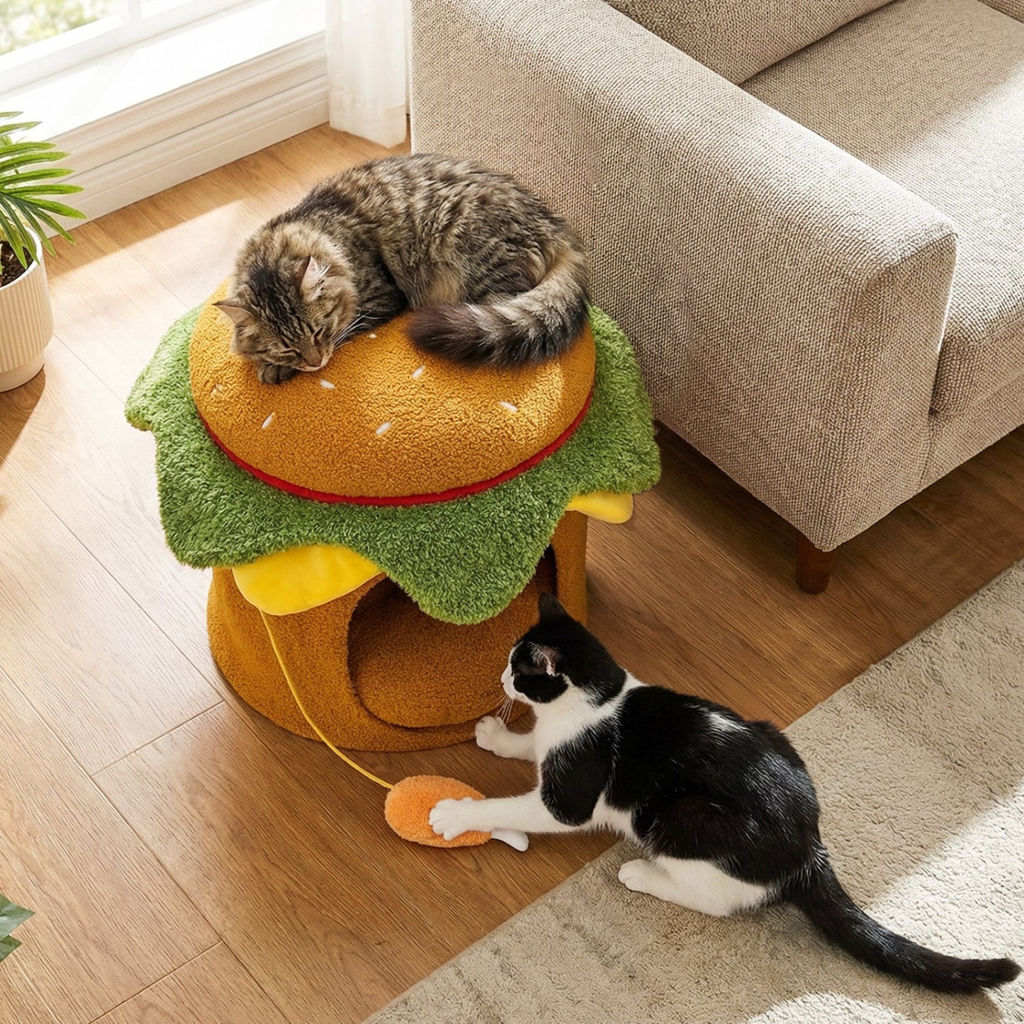 Hamburger Cat Nest With Chicken Drumstick Toy, Removable Cushion, Yellow Cat Houses at Gallery Canada
