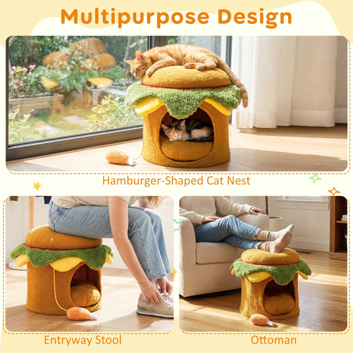 Hamburger Cat Nest With Chicken Drumstick Toy, Removable Cushion, Yellow Cat Houses at Gallery Canada
