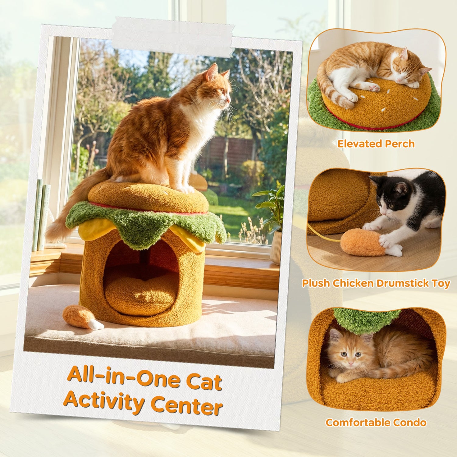 Hamburger Cat Nest With Chicken Drumstick Toy, Removable Cushion, Yellow Cat Houses at Gallery Canada