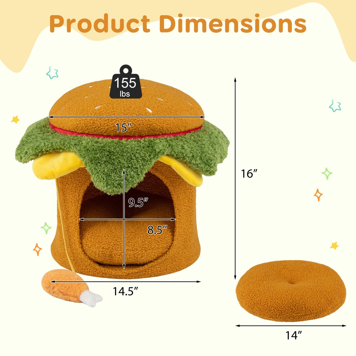 Hamburger Cat Nest With Chicken Drumstick Toy, Removable Cushion, Yellow Cat Houses at Gallery Canada