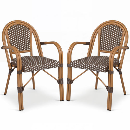 Hand-Woven PE Wicker French Bistro Chairs Set of 2, Brown